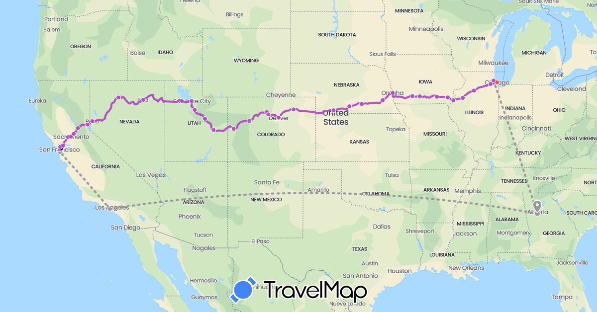 TravelMap itinerary: driving, plane, train, hiking in United States (North America)